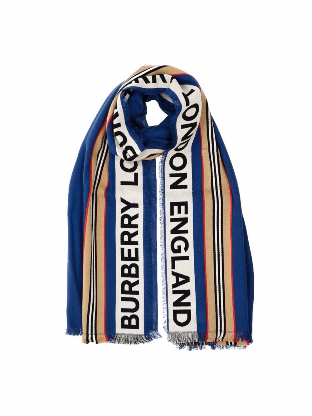 Burberry Blue Striped Logo Scarf with Tan and Red Accents